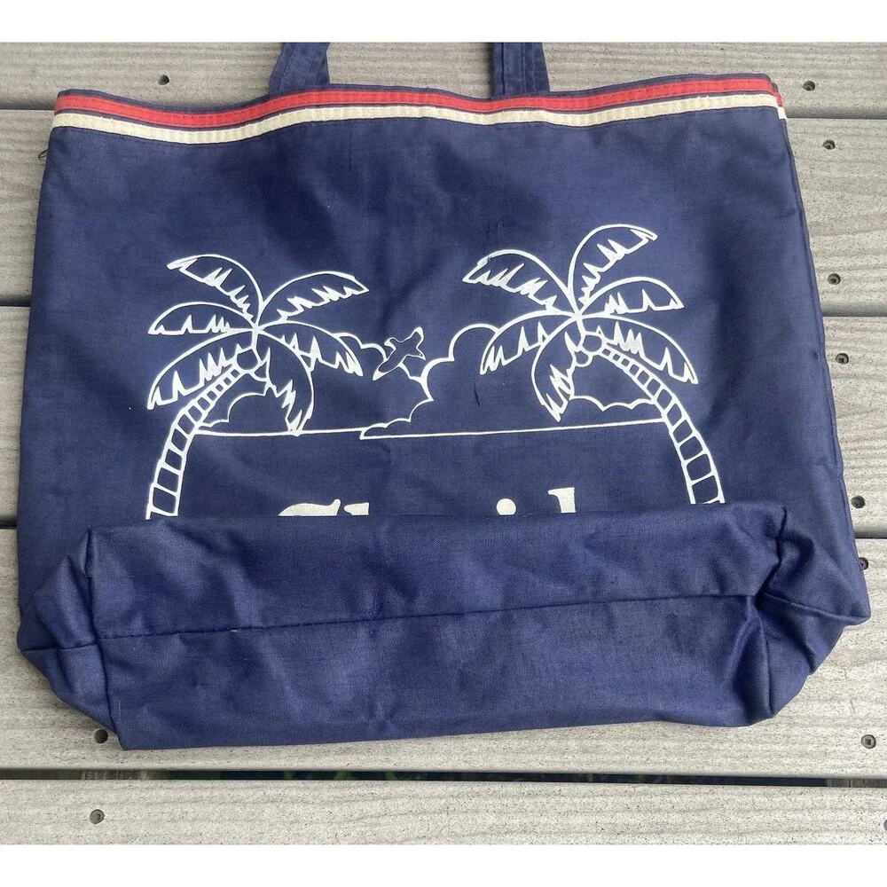 Vintage Florida Beach Tote Bag Navy Palm Trees Travel Souvenir Zip Pocket USA